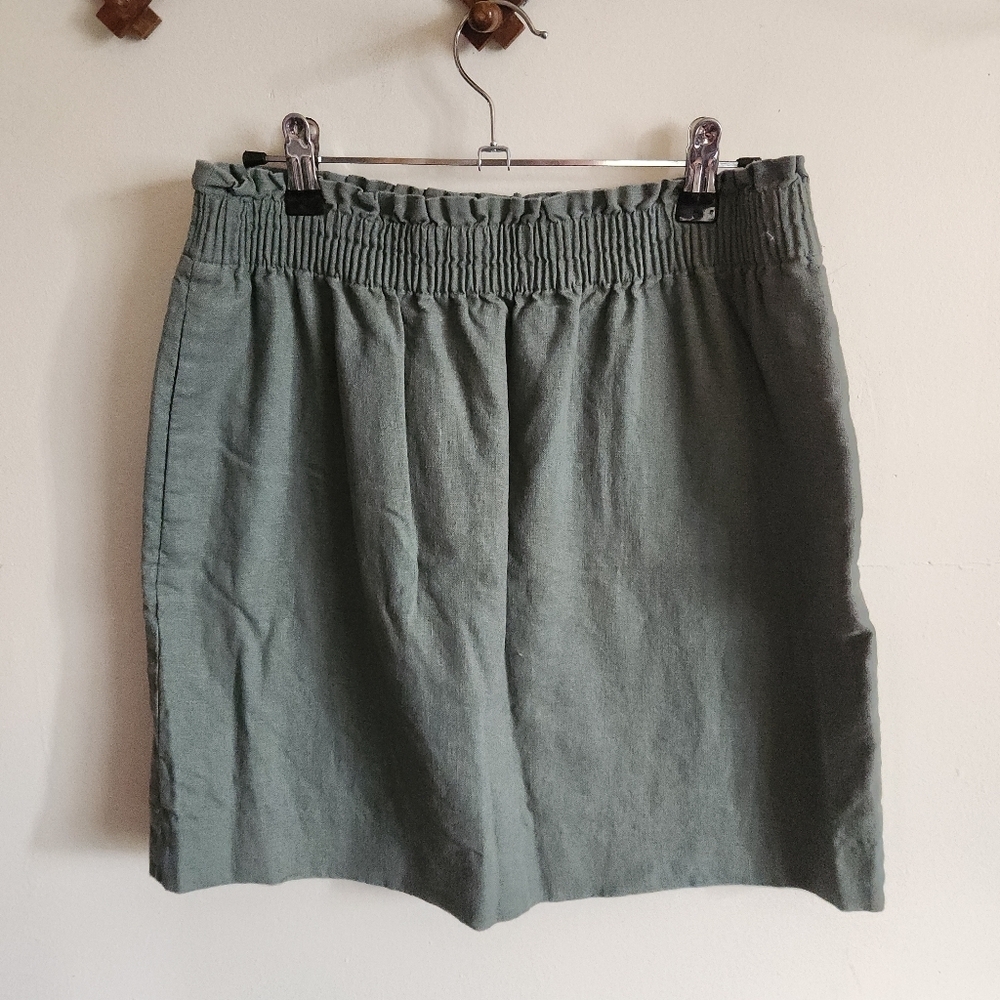 J Crew Mini Skirt Smocked Waist Casual Linen Cotton Olive Green 10 Large Pockets